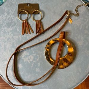 Chico’s Gold Leather Necklace Earrings Set